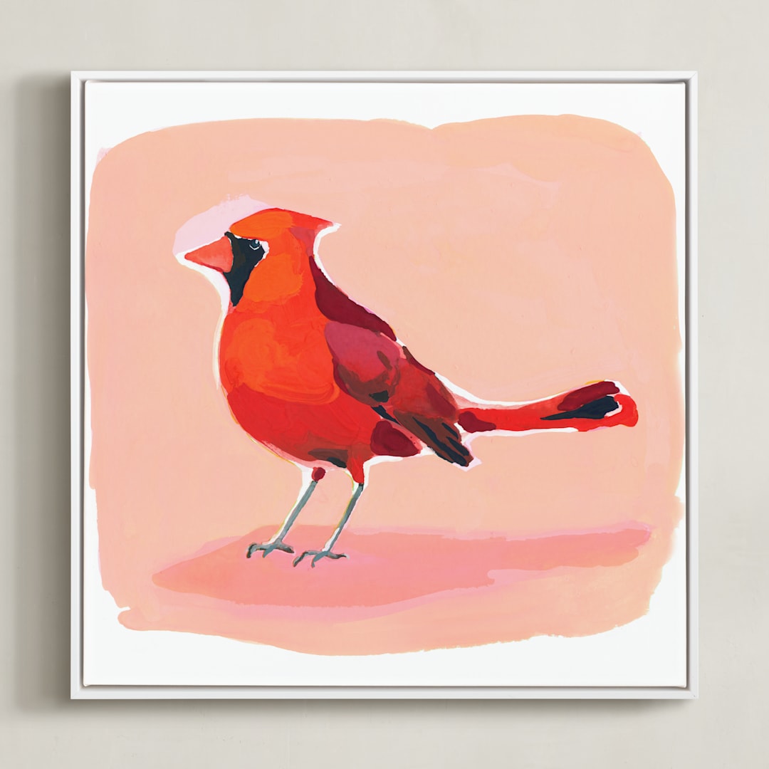 "Inquisitive Cardinal" - Art Print in Melon by Betty Hatchett - Framed Canvas