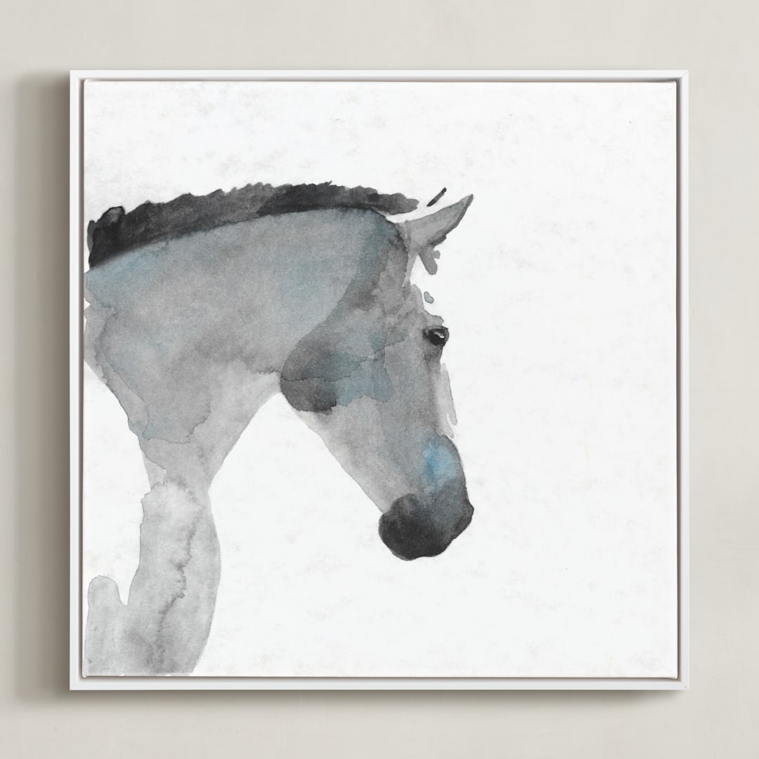 "White Stallion in Profile" - Art Print in Blue Grey by Stephanie Toral - Framed Canvas