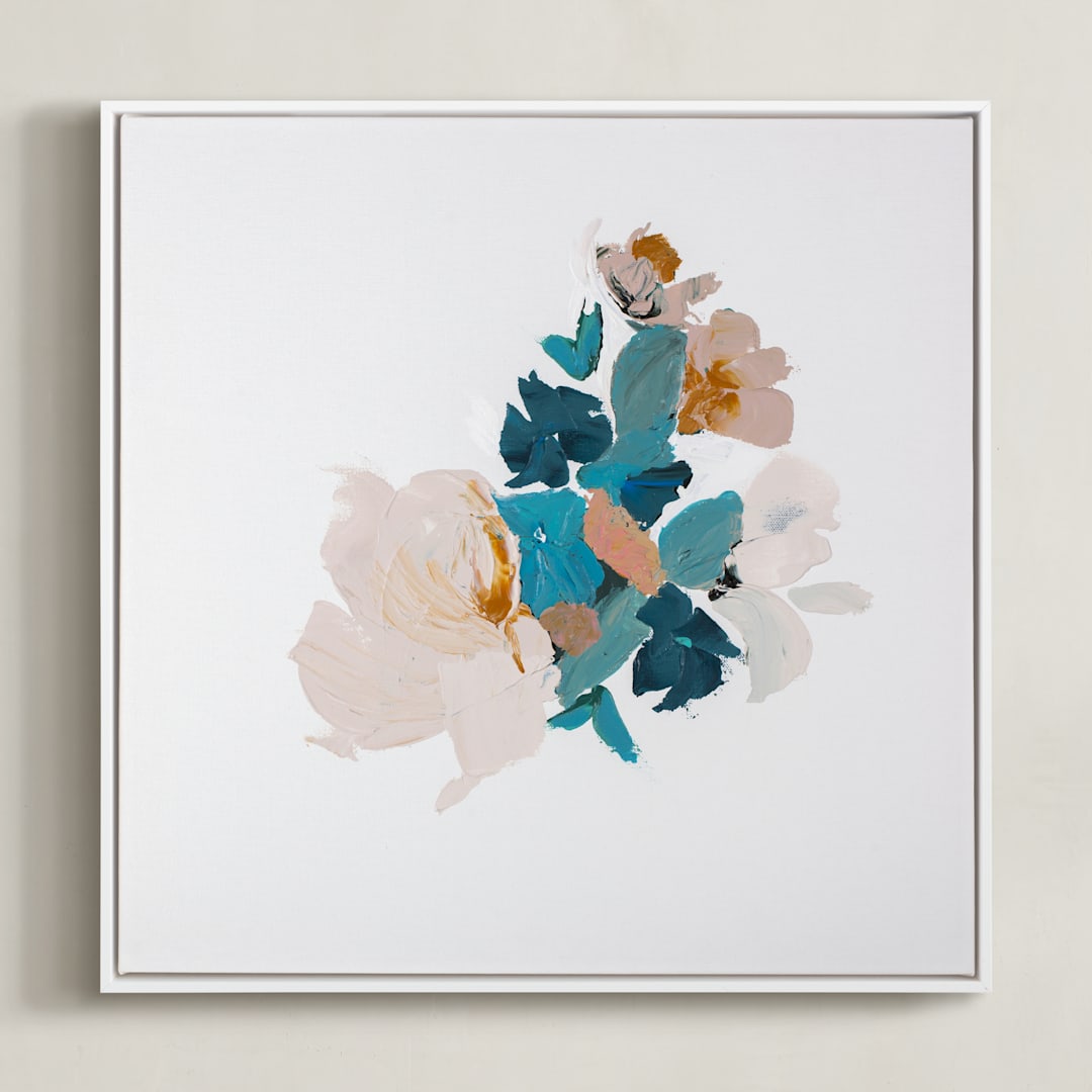 "Botanical Series Turquoise" - Art Print in Turquoise and Orange by Caryn Owen - Framed Canvas