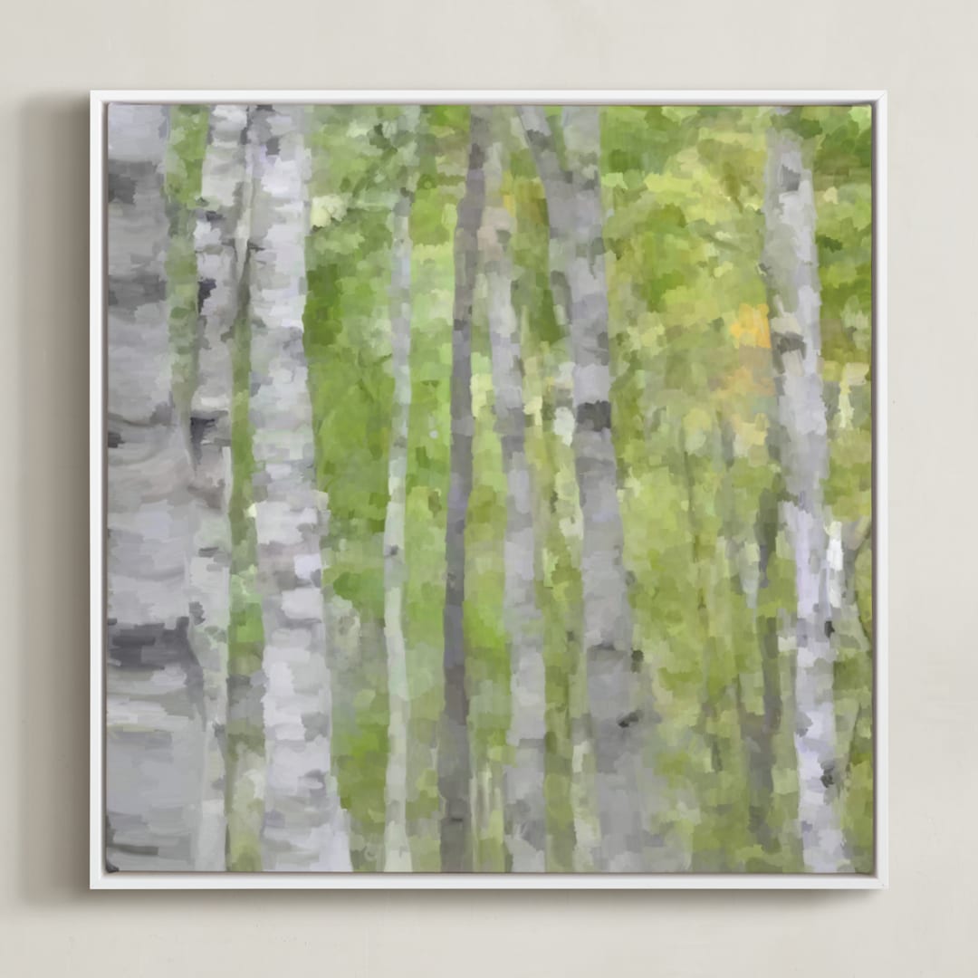 "Summer Birches" - Art Print in forest green by Amy Hall - Framed Canvas