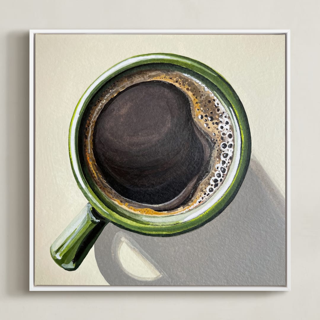 "Morning Coffee" - Art Print in Deep Roast and Olive by Amber Piacentine - Framed Canvas