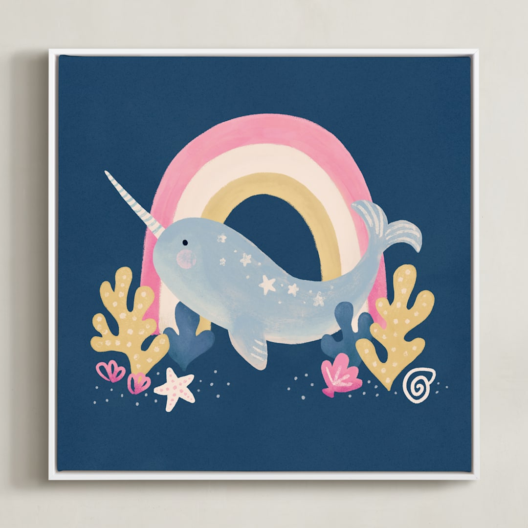 "Narwhal Magic" - Art Print in Deep Sea Blue by Sabrina Excene - Framed Canvas