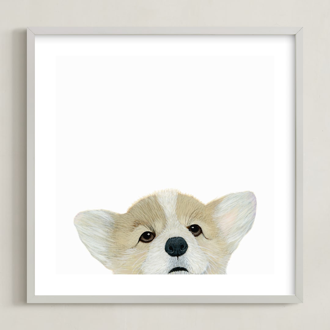 "Corgi Puppy" - Art Print in nougat by Deborah Chou - Framed