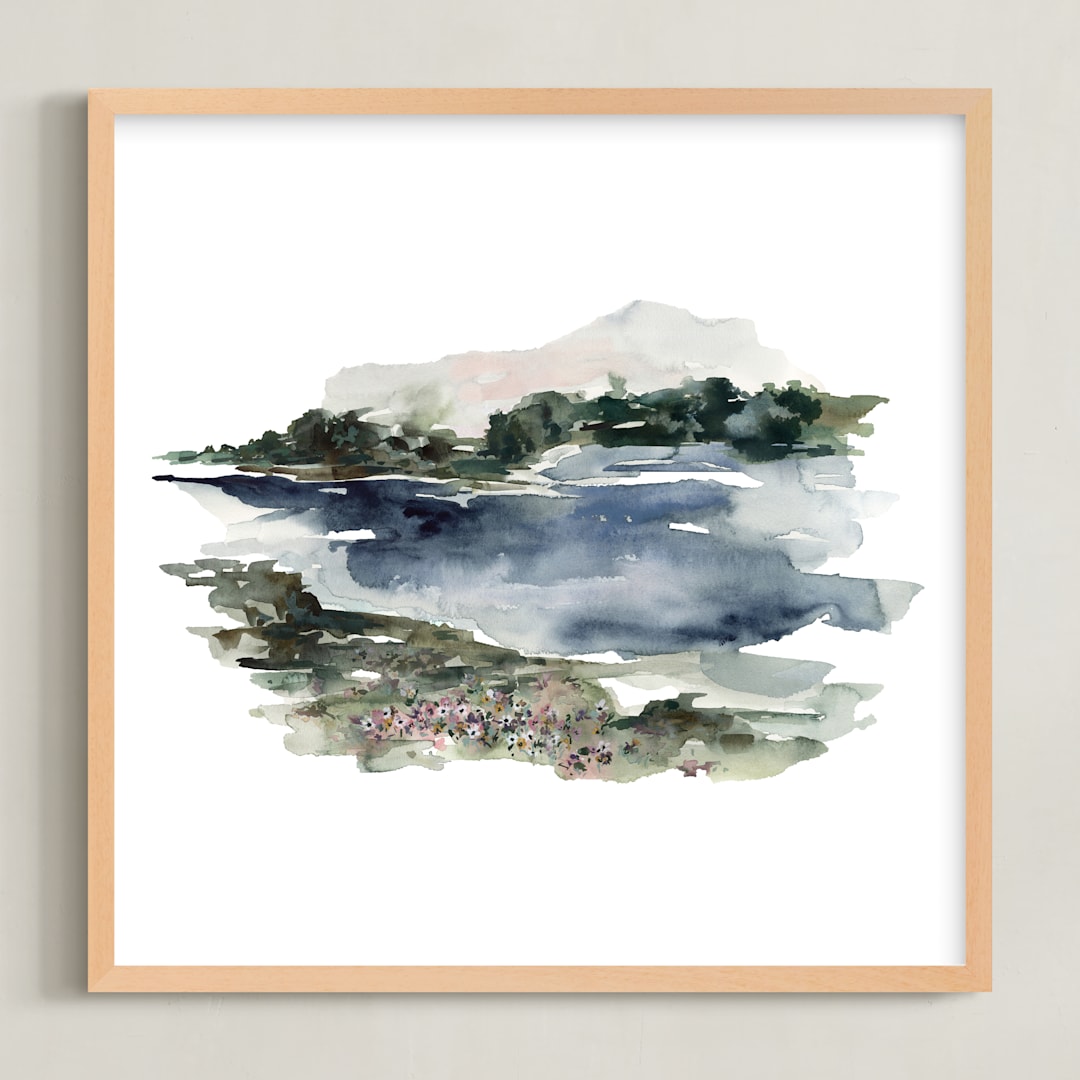 "Mountain View" - Art Print in Navy and Dusty Blue with Forest and Sage Green by Kate Nelson - Framed