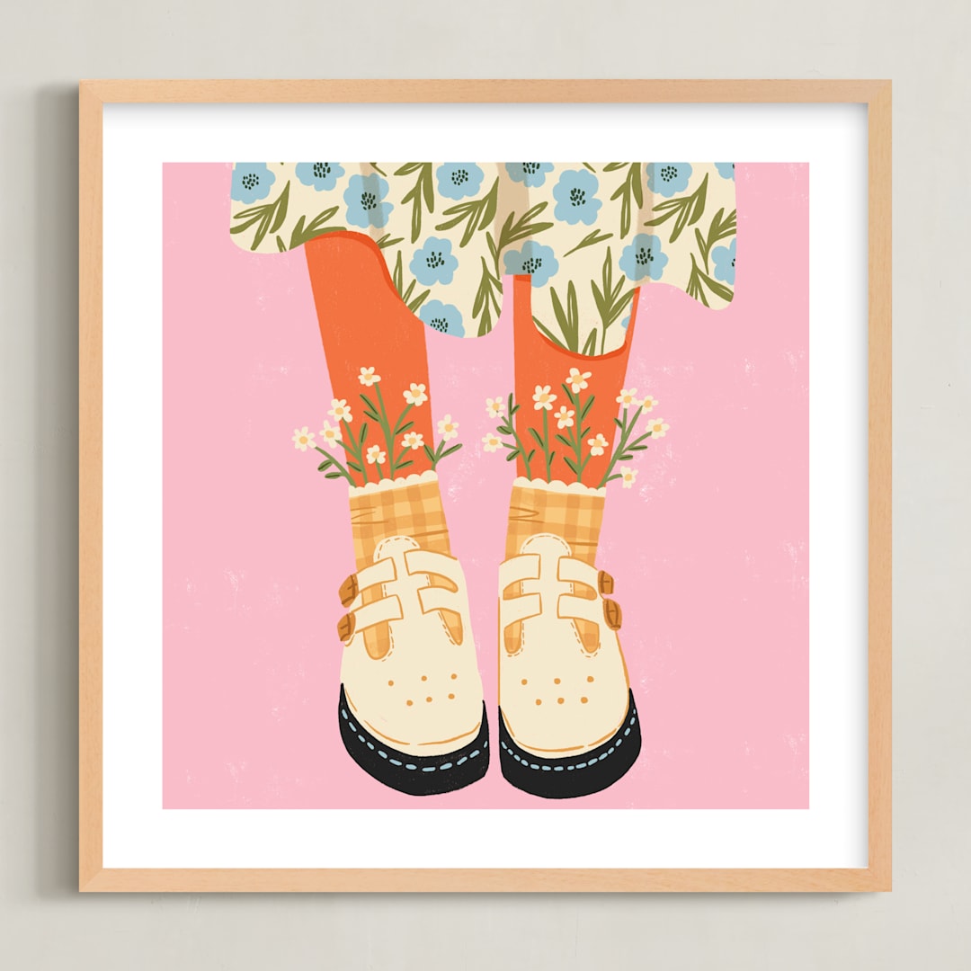 "Daisy Feet" - Art Print in Pink Daisy by Janna Sue Design - Framed