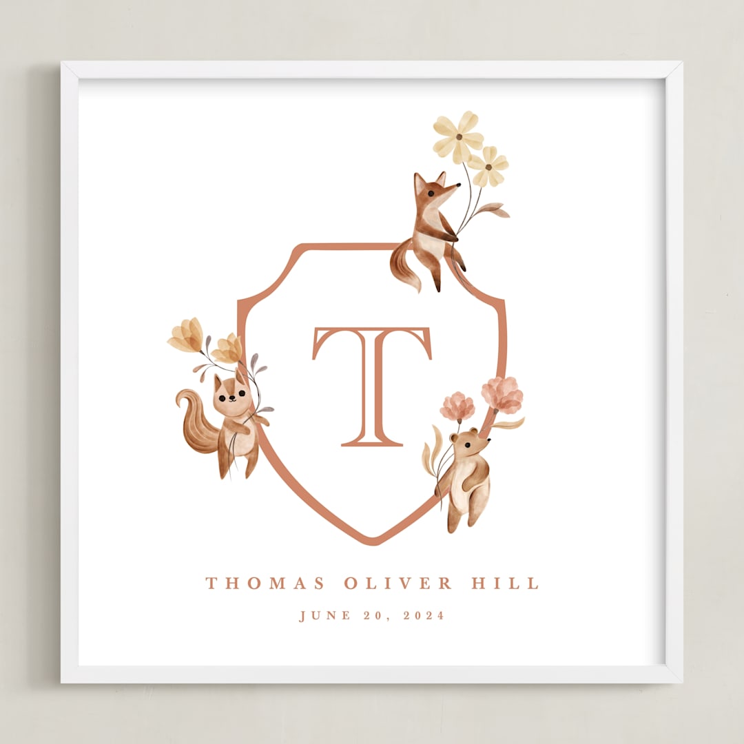 "Woodland Animal Crest: Custom Print" - Custom Print in Papaya by Vivian Yiwing - Framed