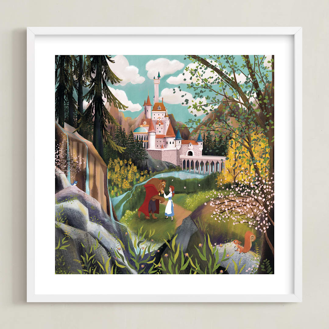 "Belle and Beast Stroll the Castle Grounds" - Art Print in Forest by Becky Nimoy - Framed
