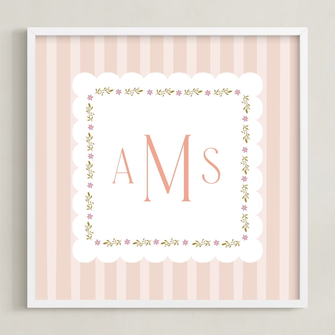 "Meadow Stripes Monogram" - Personalized Art Print in Blush by Ana Sharpe - Framed