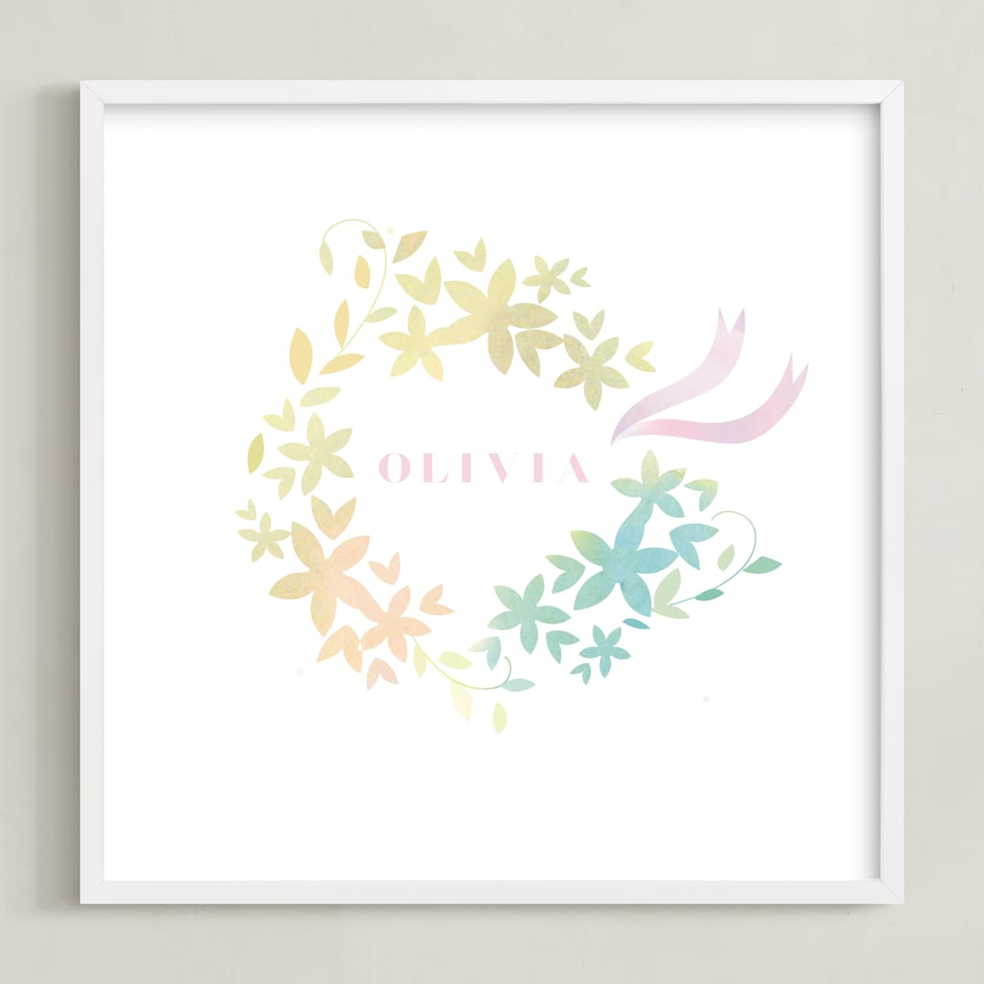 "Floral Crown" - Personalized Art Print in Blush by Lori Wemple - Framed