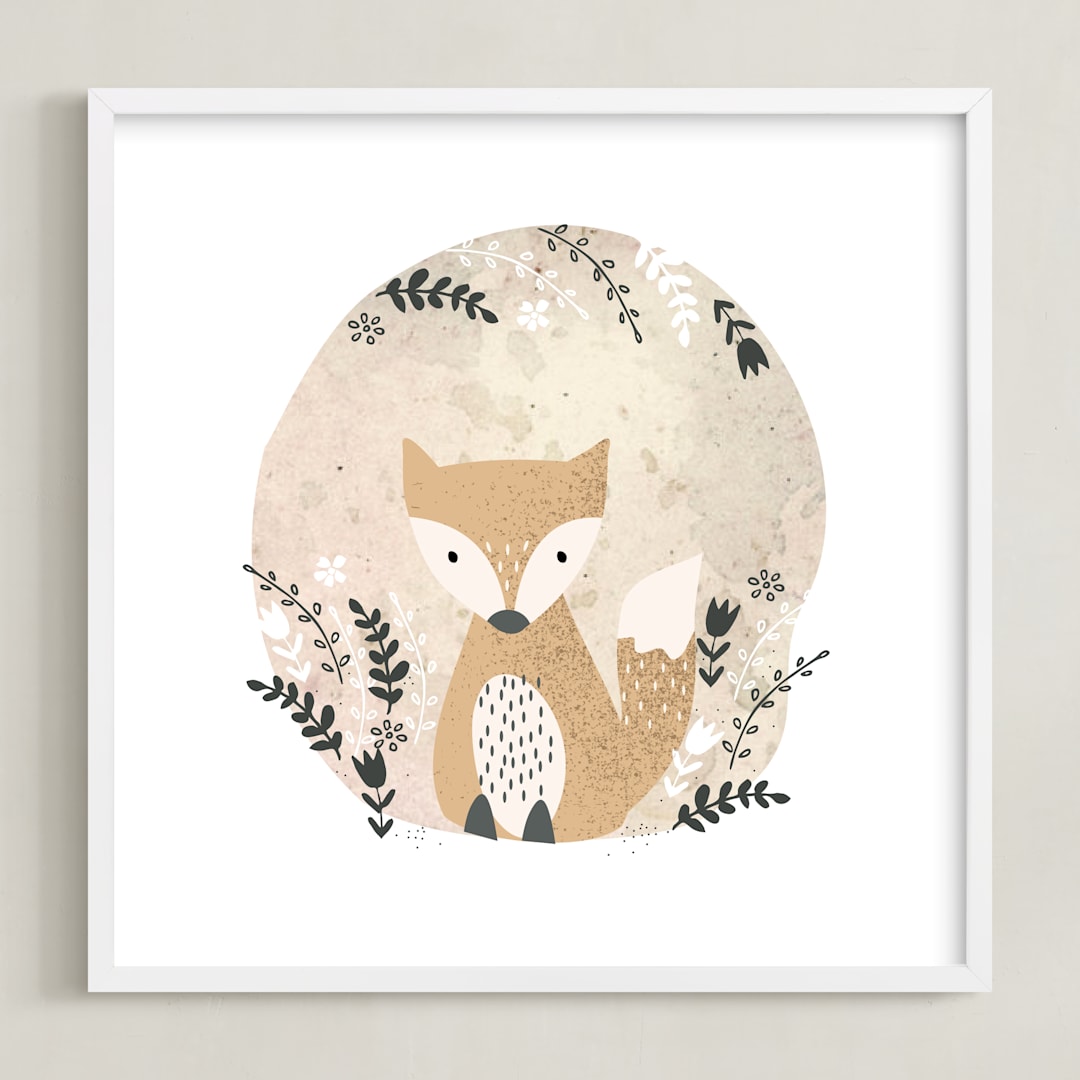 "Woodland - Fox" - Art Print in Pale Orange by Oma N. Ramkhelawan - Framed