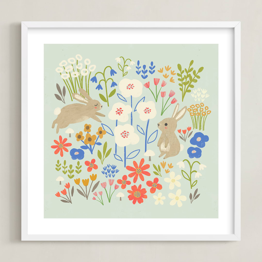 "Bunnies in the Garden" - Art Print in Seafoam Blue by Anne Lehman Stolpe - Framed