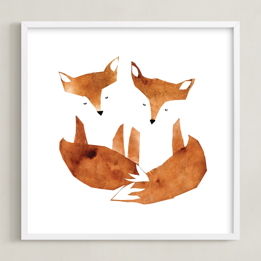 "Twin Foxes" - Art Print in Earthy Red by Mia Posada - Framed