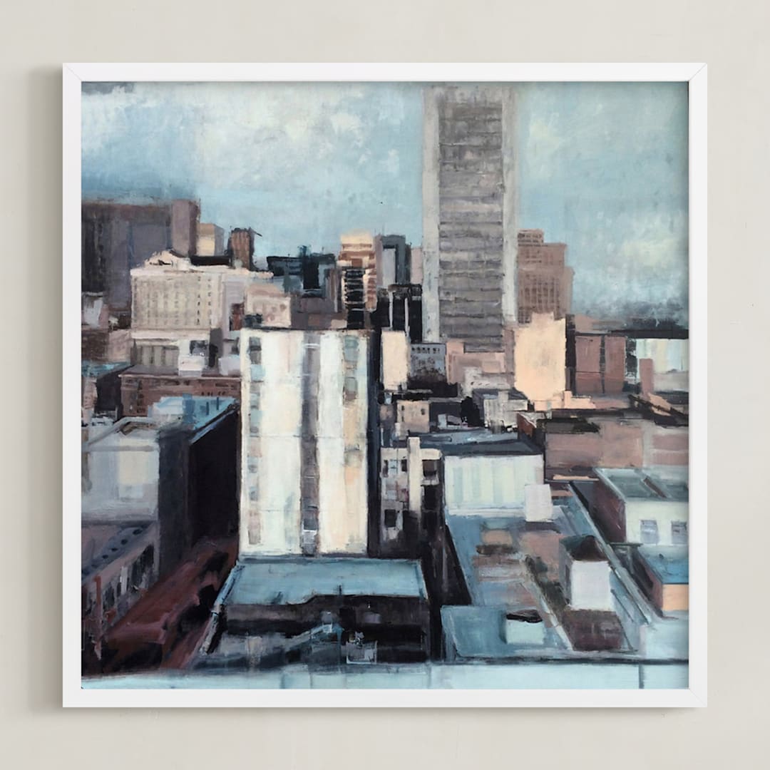"Looking Downtown" - Art Print in grey blue by Hadas Tal - Framed