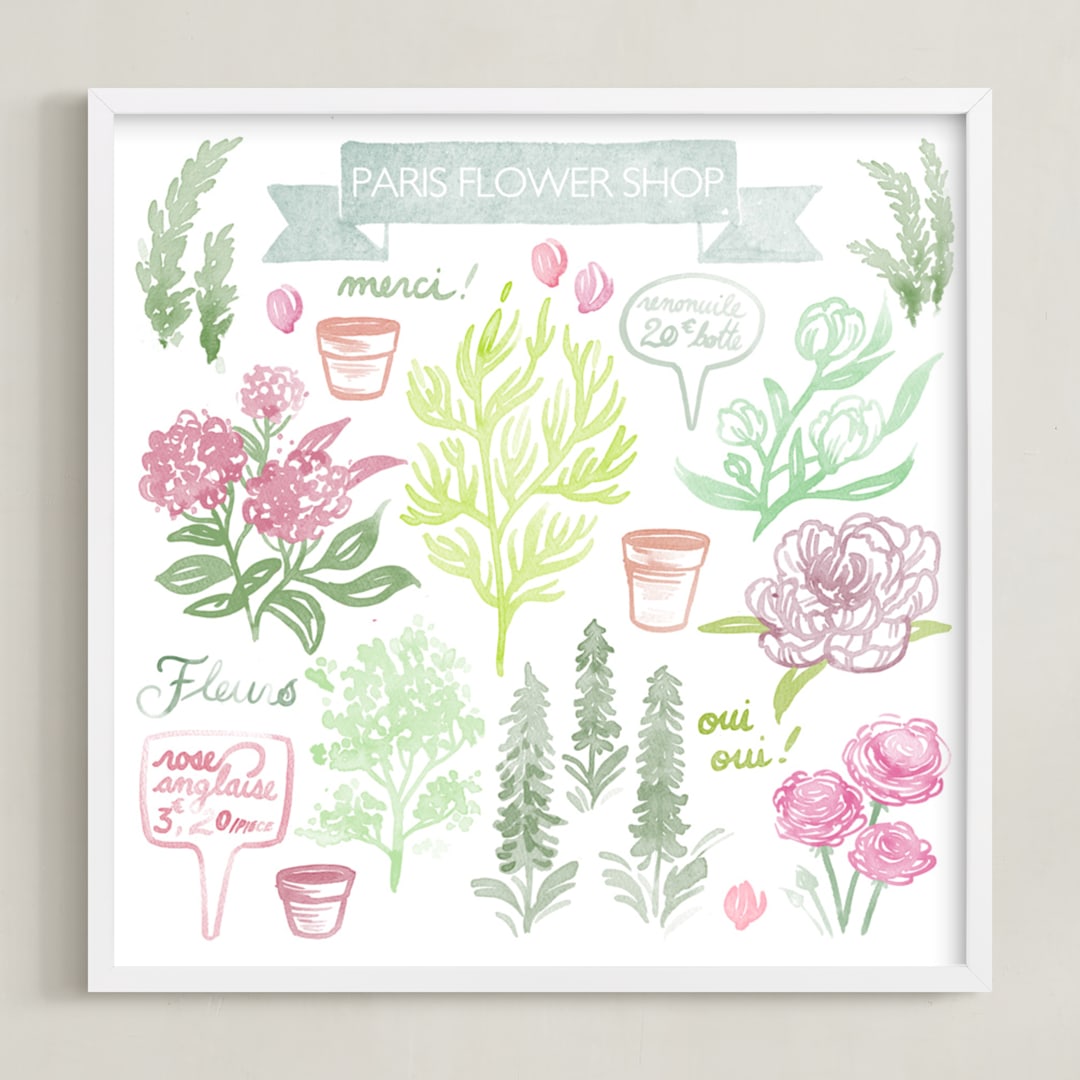 "French Flower Shop" - Art Print in Fresh Herb Greens by Paper Raven Co. - Framed
