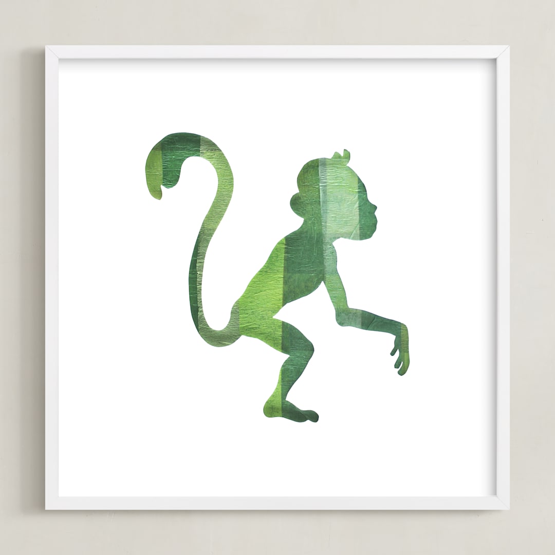 "Green Party Monkey" - Art Print in Silhouette Green by Jeff Preuss - Framed