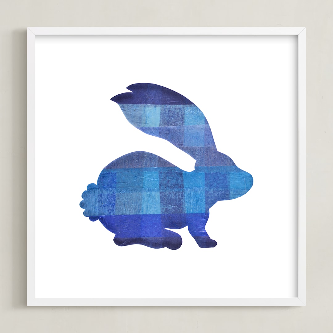 "Blue Party Bunny" - Art Print in Silhouette Blue by Jeff Preuss - Framed