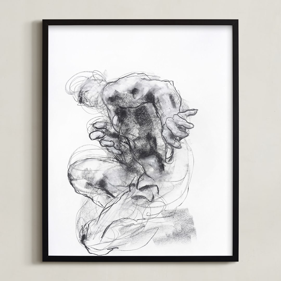 "Drawing 538 - Crouching Figure" - Art Print in Slate Black by Derek overfield - Framed