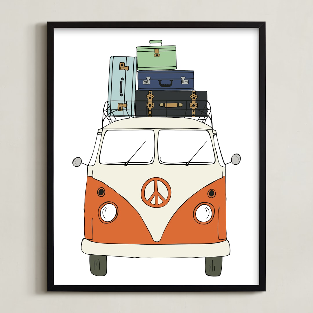 "The Peace Van on the Road" - Art Print in Orange by Alston Foster - Framed