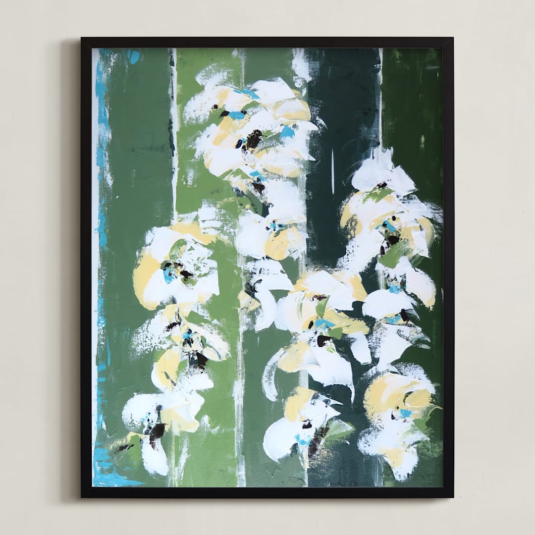 "White Poppies" - Art Print in Emerald Green by Mary Baude - Framed