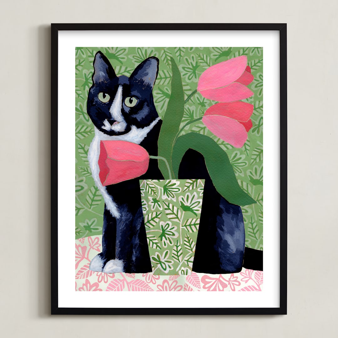 "Tuxedo Cat Barry with Pink Tulips" - Art Print in Dusty Green by Susan Black - Framed