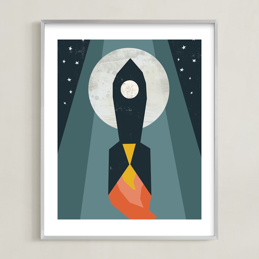 "Rocket to the Moon" - Art Print in Midnight Blue by Morgan Kendall - Framed