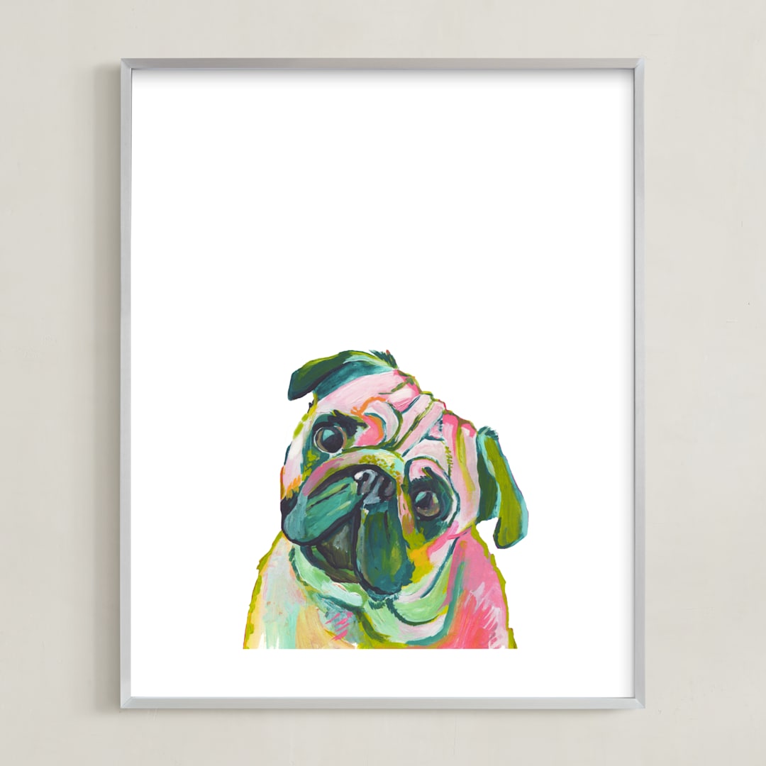 "Mr. Pug" - Art Print in Coral by Makewells - Framed