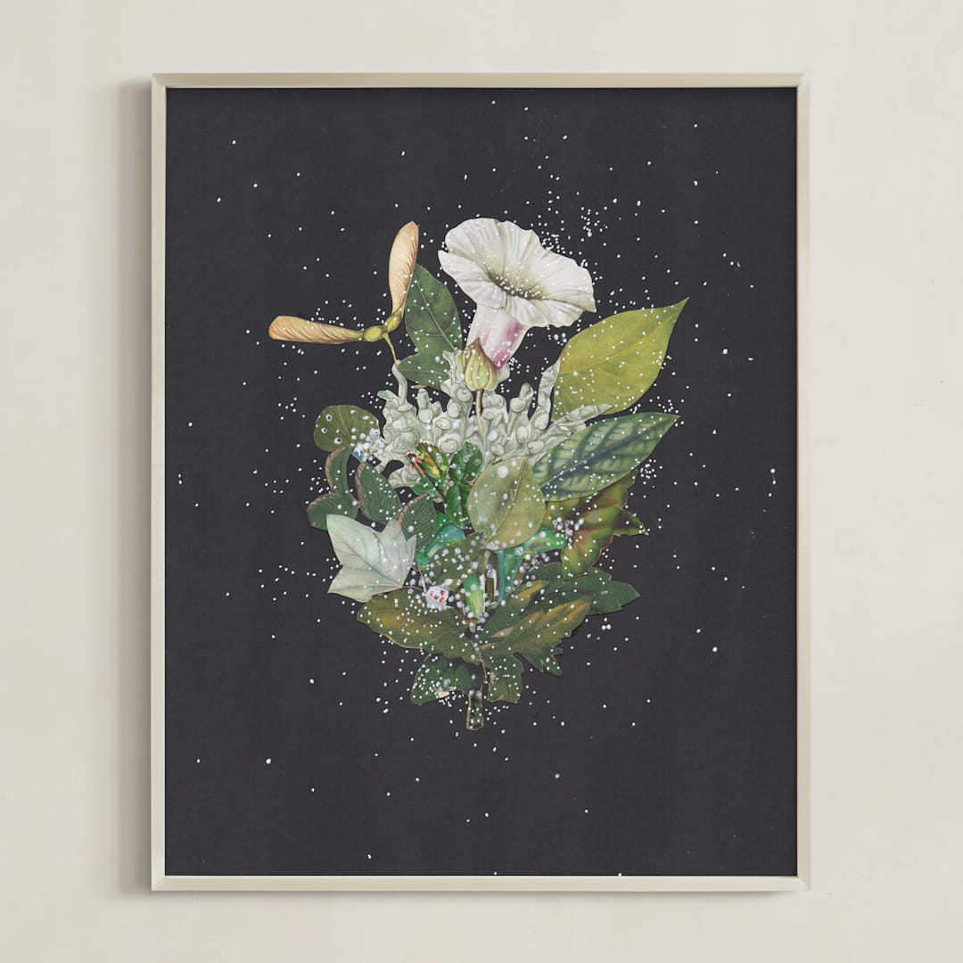 "Night Mint Blossom" - Art Print in velvet black by Jenny Brown - Framed