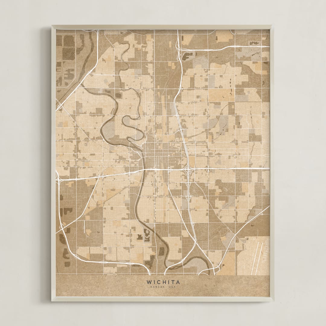 "Wichita, KA, vintage-looking city map" - Art Print in Sepia by Rosana Laiz Blursbyai - Framed