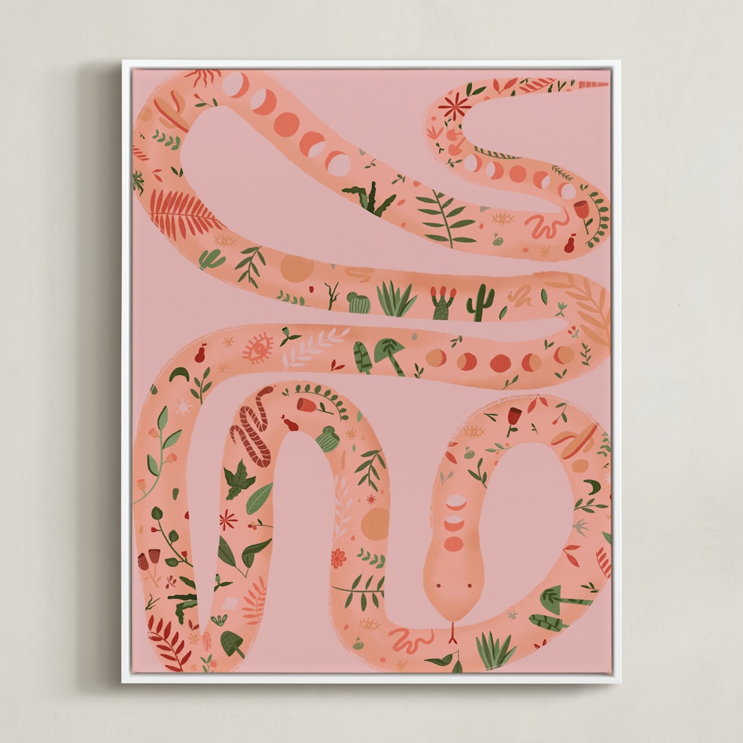 "Folk Floral Snake" - Art Print in Coral by Juliana Moreira-Callahan - Framed Canvas