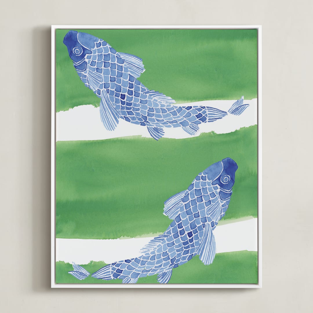 "Swimming Carp" - Art Print in Green Grass by Emily Bremner Forbes - Framed Canvas