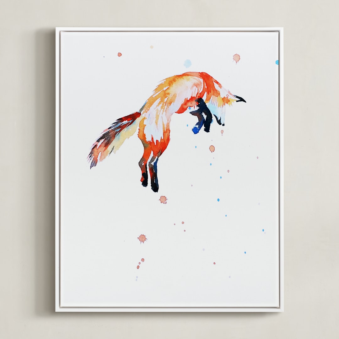 "Fox Jump" - Art Print in white by Isobel James - Framed Canvas
