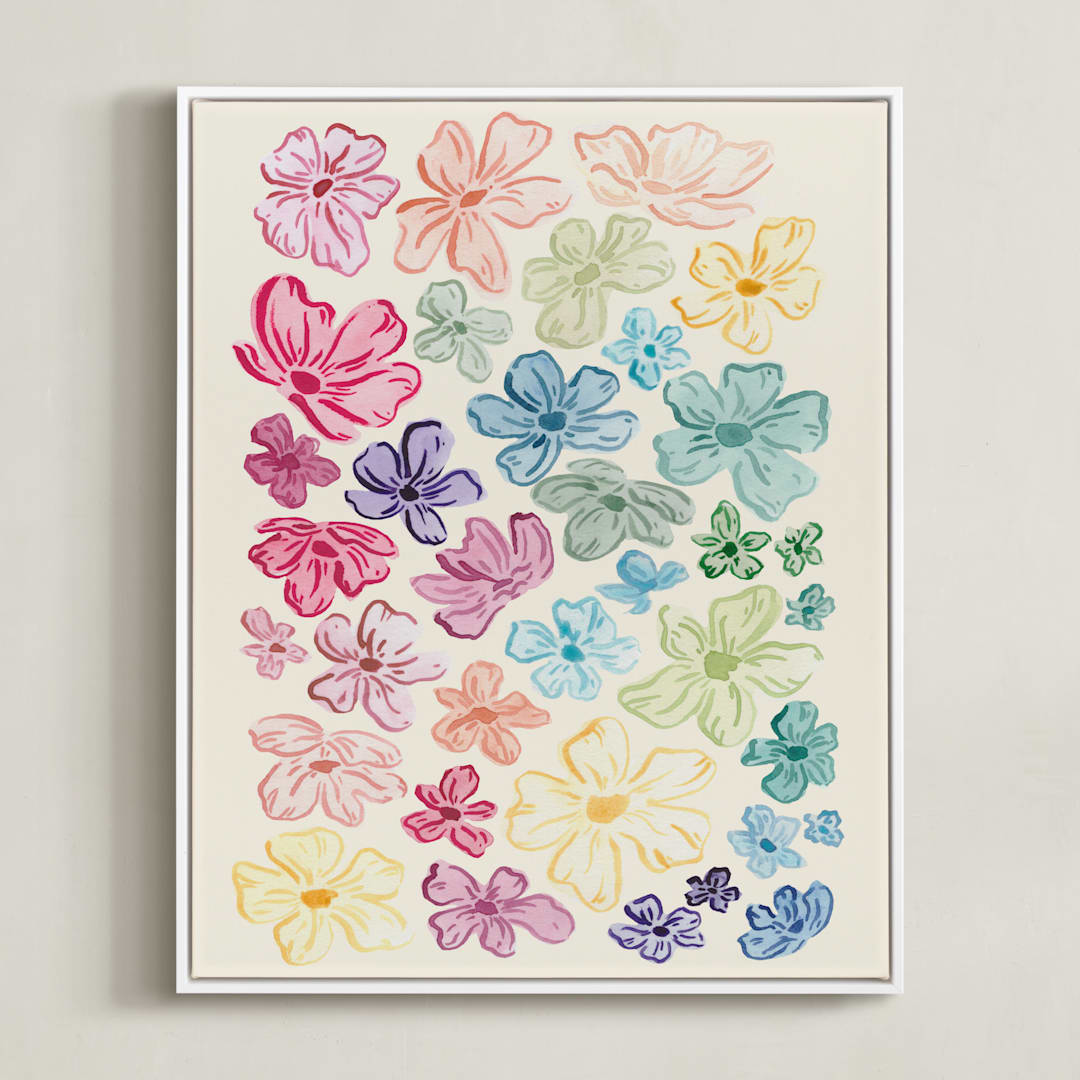 "A Rainbow of Flowers" - Art Print in Pale Sunshine by The Scribblist - Framed Canvas