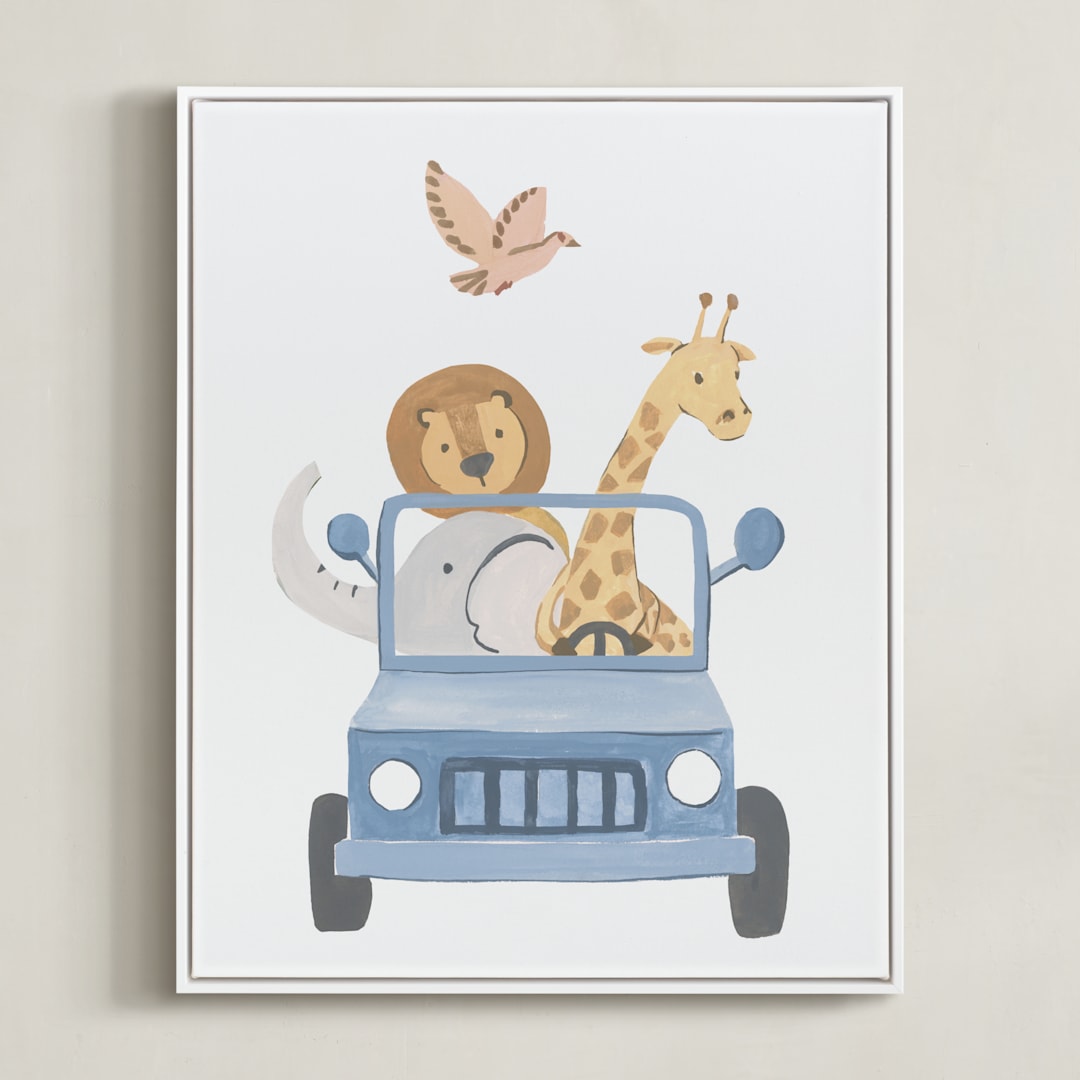 "Safari Friends 4" - Art Print in Blue by Teju Reval - Framed Canvas
