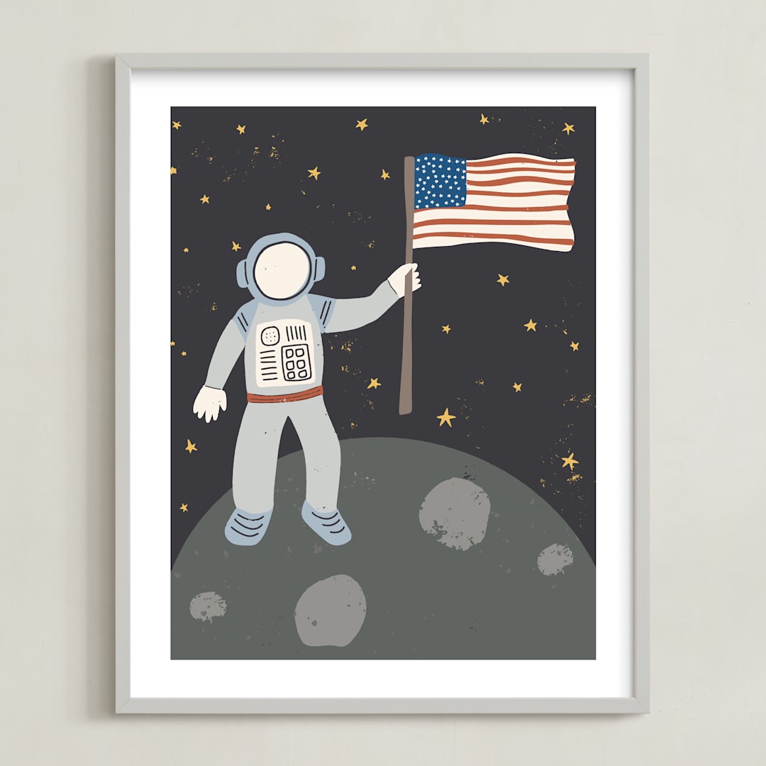 "Up in Space Astronaut" - Art Print in Muted Blue by Maggie Unruh - Framed