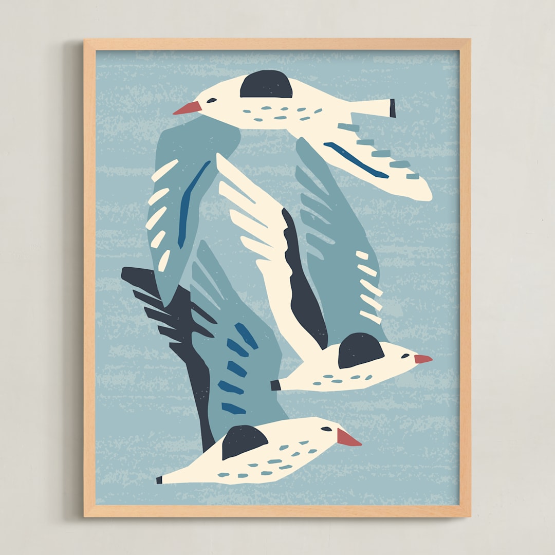"Seagulls" - Art Print in Neutral Blue Green by Roochita Chachra - Framed
