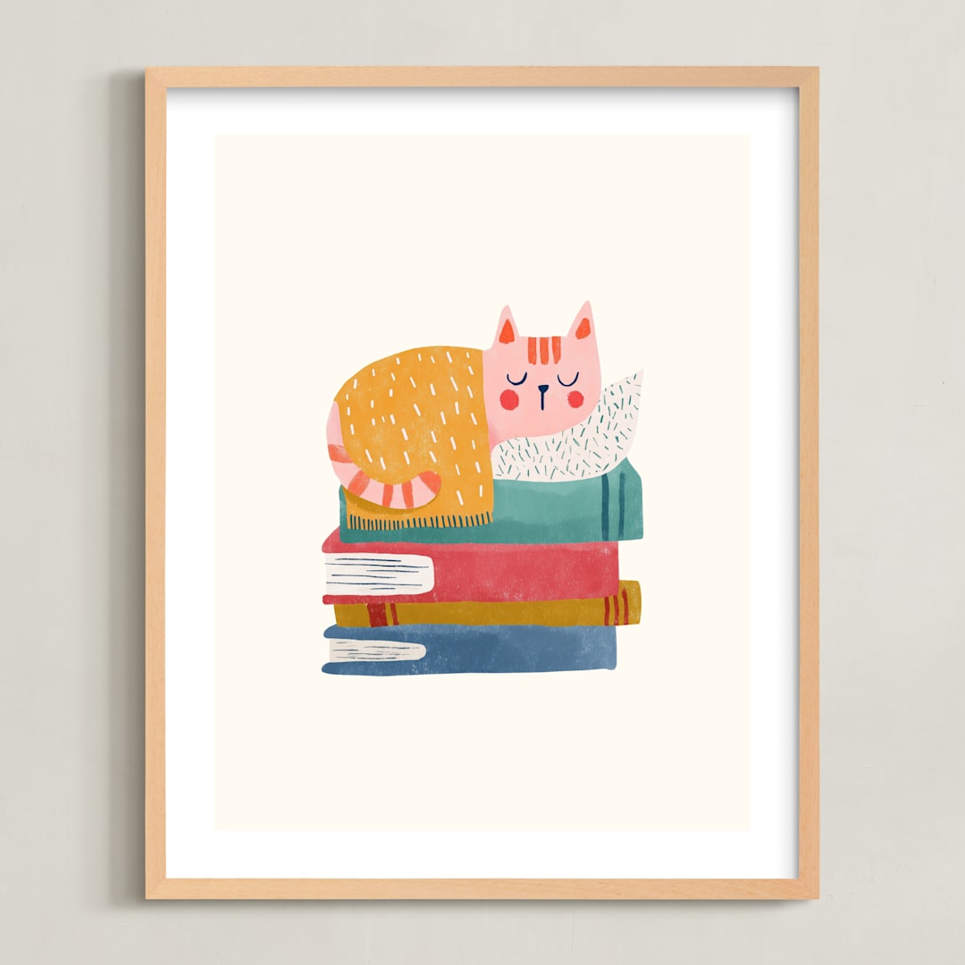 "Booked For A Nap" - Art Print in Cream by Blossom Hound Designs - Framed