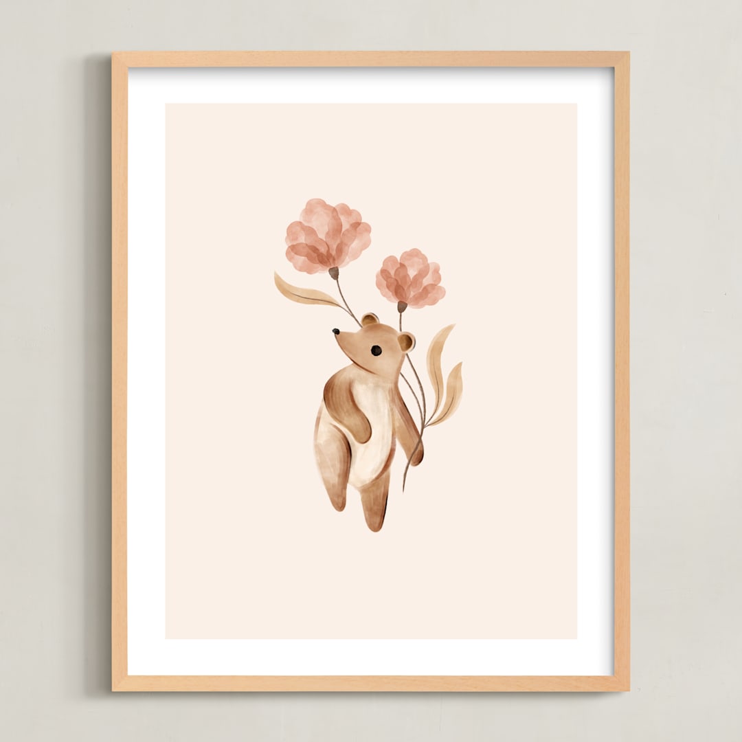 "Bear with Flowers" - Art Print in Tan by Vivian Yiwing - Framed