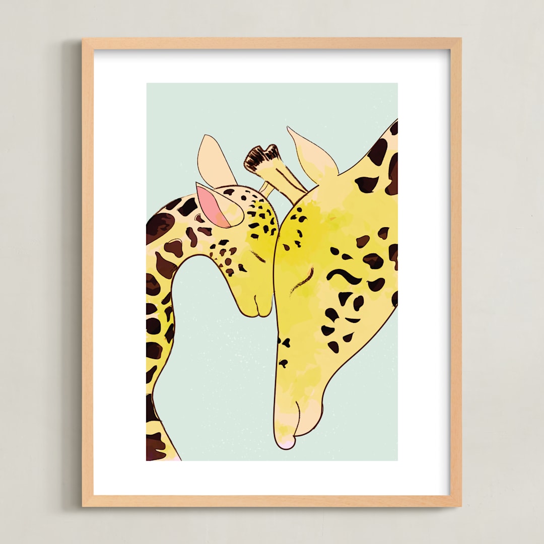 "Mama and Baby Giraffe" - Art Print in Mint Green by Char-Lynn Griffiths - Framed
