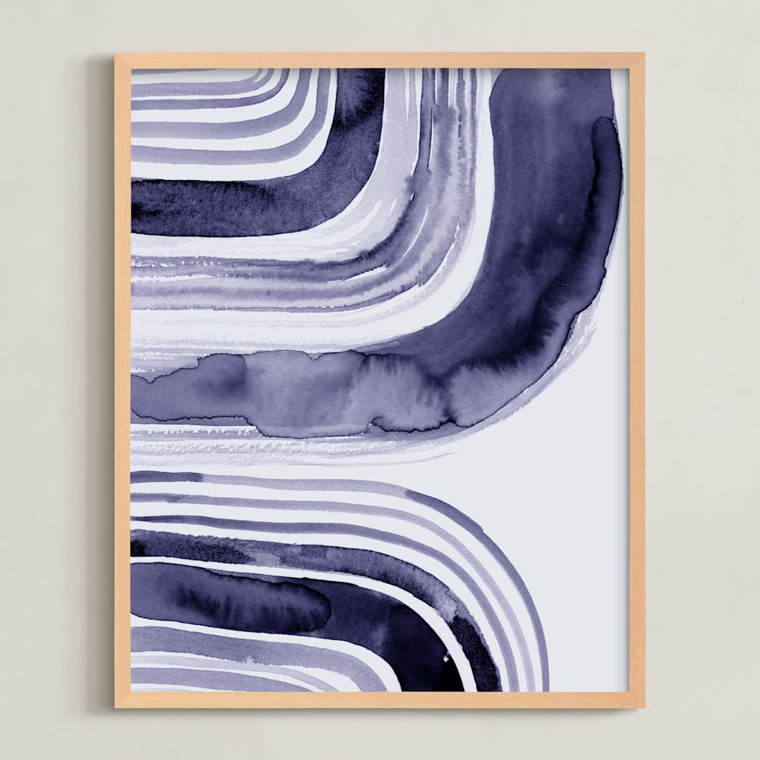 "ABSTRACT STRIPES path" - Art Print in navy purple by Tae Lee - Framed