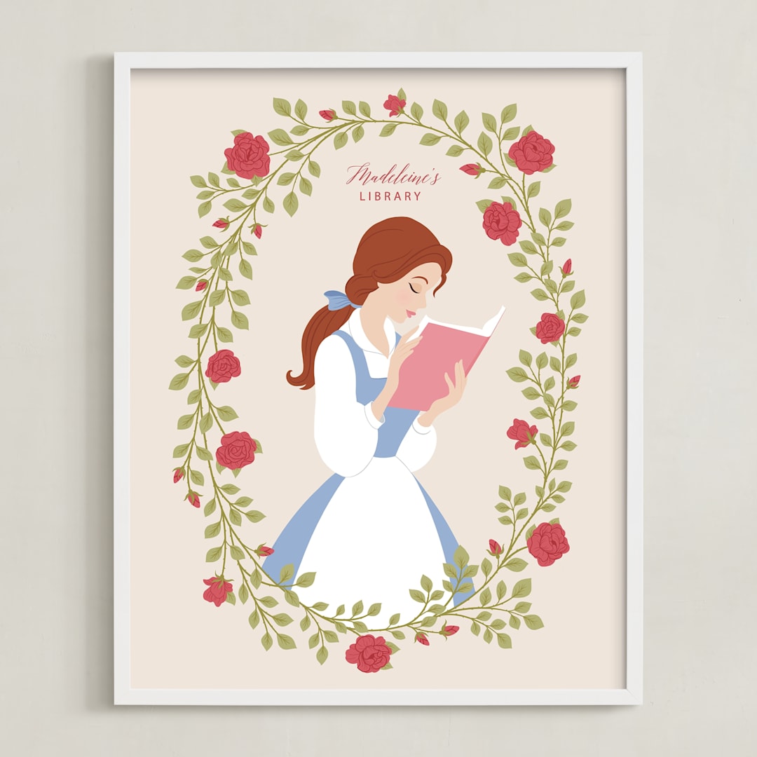 "Disney's Belle Library" - Personalized Art Print in Rose by Jamie Alexander - Framed