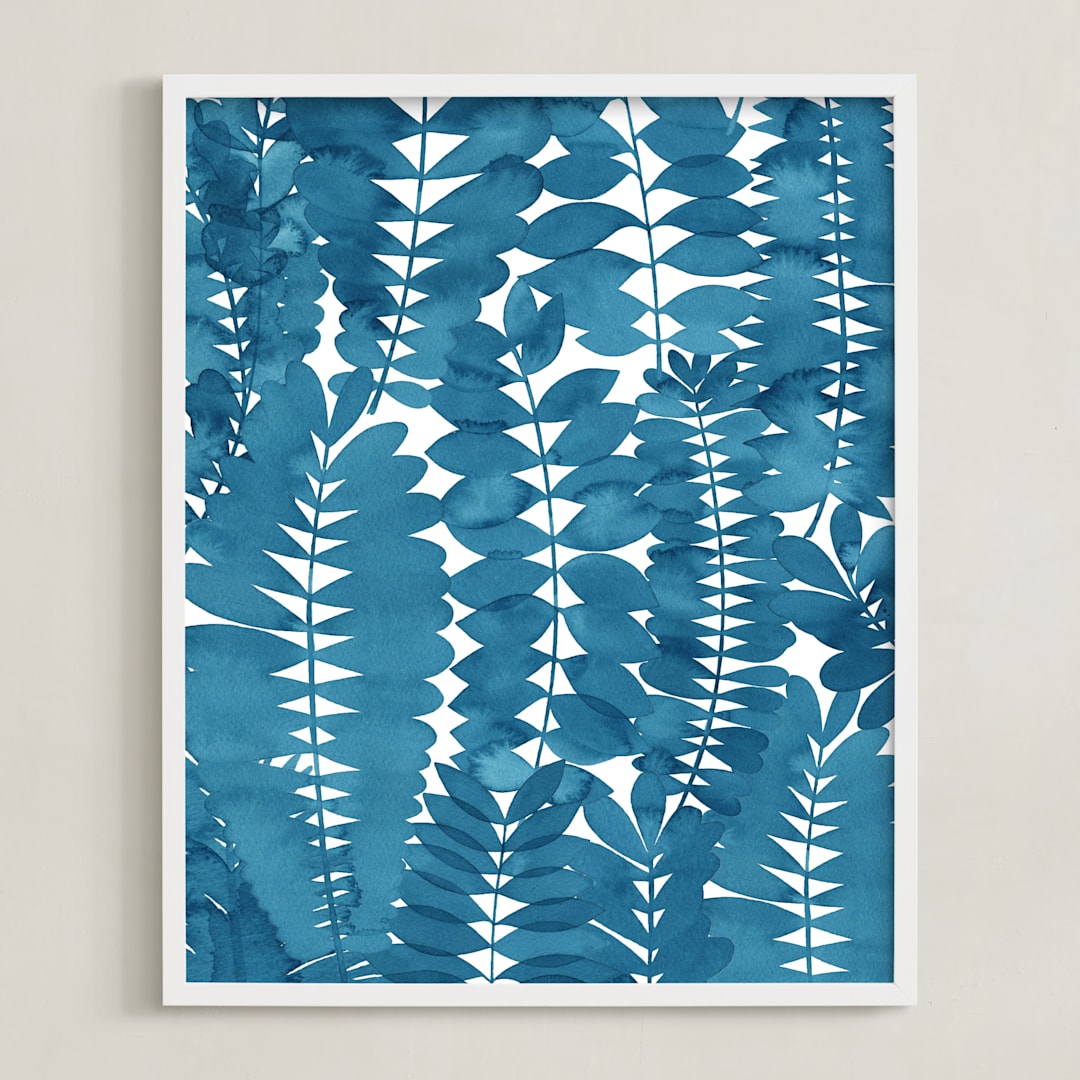"Indigo Leaves" - Art Print in Indigo Wash by Natalie Ryan - Framed
