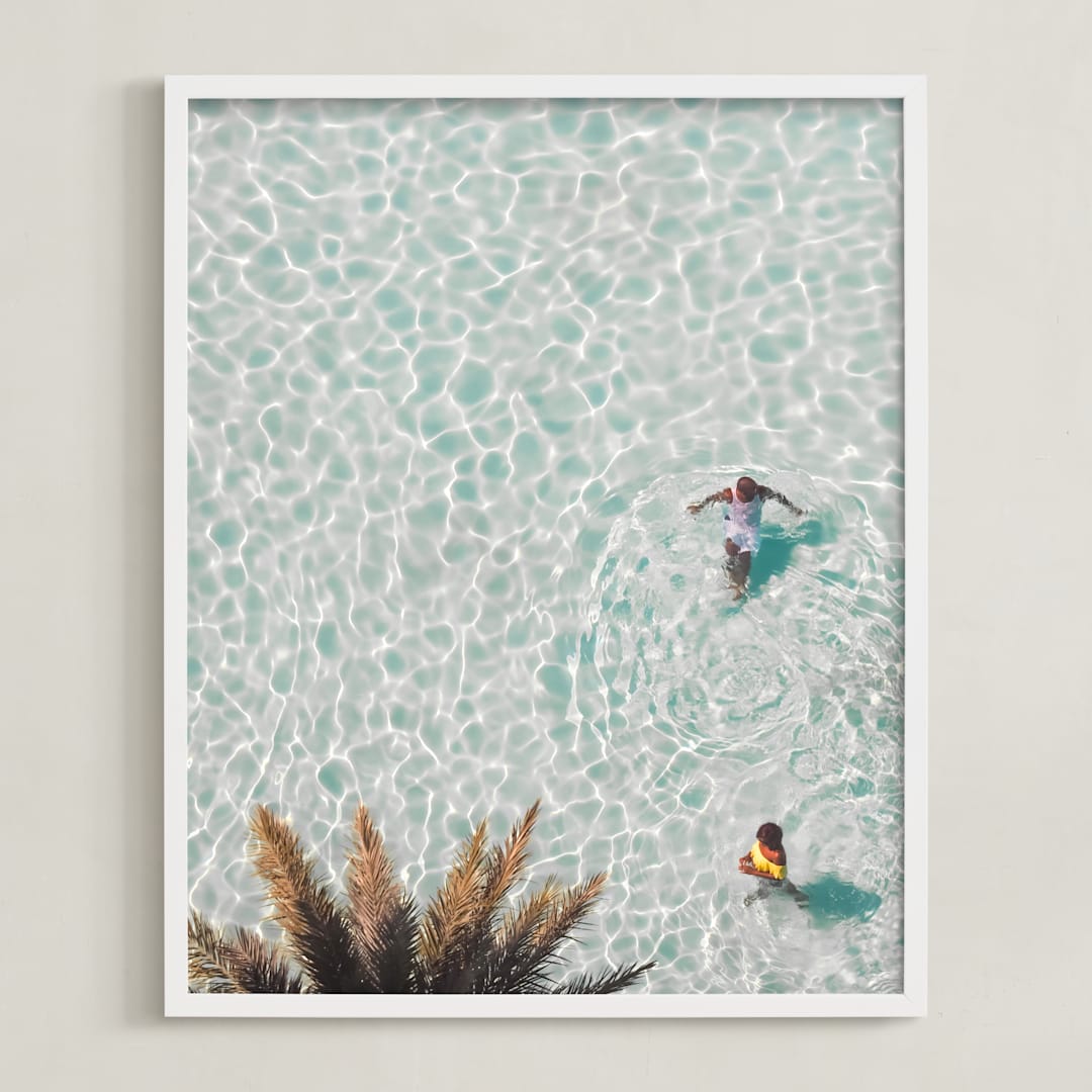 "Pool Party for Two" - Art Print in Light Aqua Blue by KIMBERLY SMITH - Framed