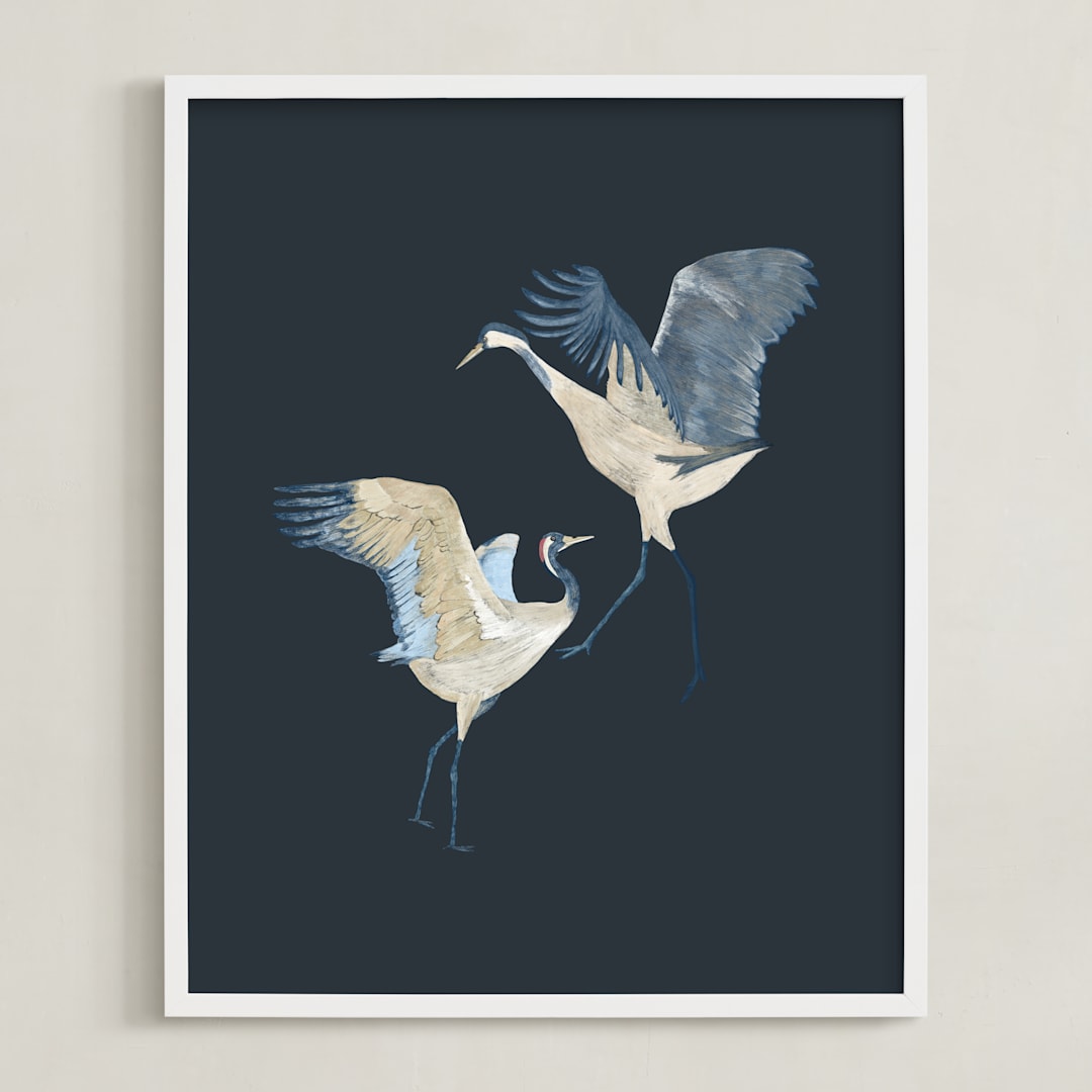 "Crane dance" - Art Print in Moody blue by Nina Leth - Framed