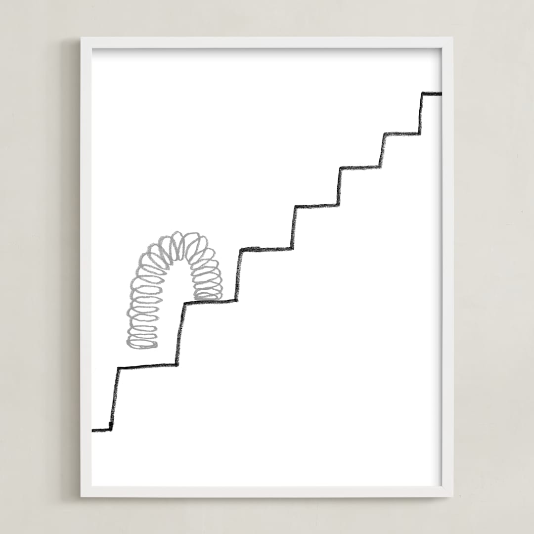"Slinky on the Stairs" - Art Print in grayscale by Elliot Stokes - Framed