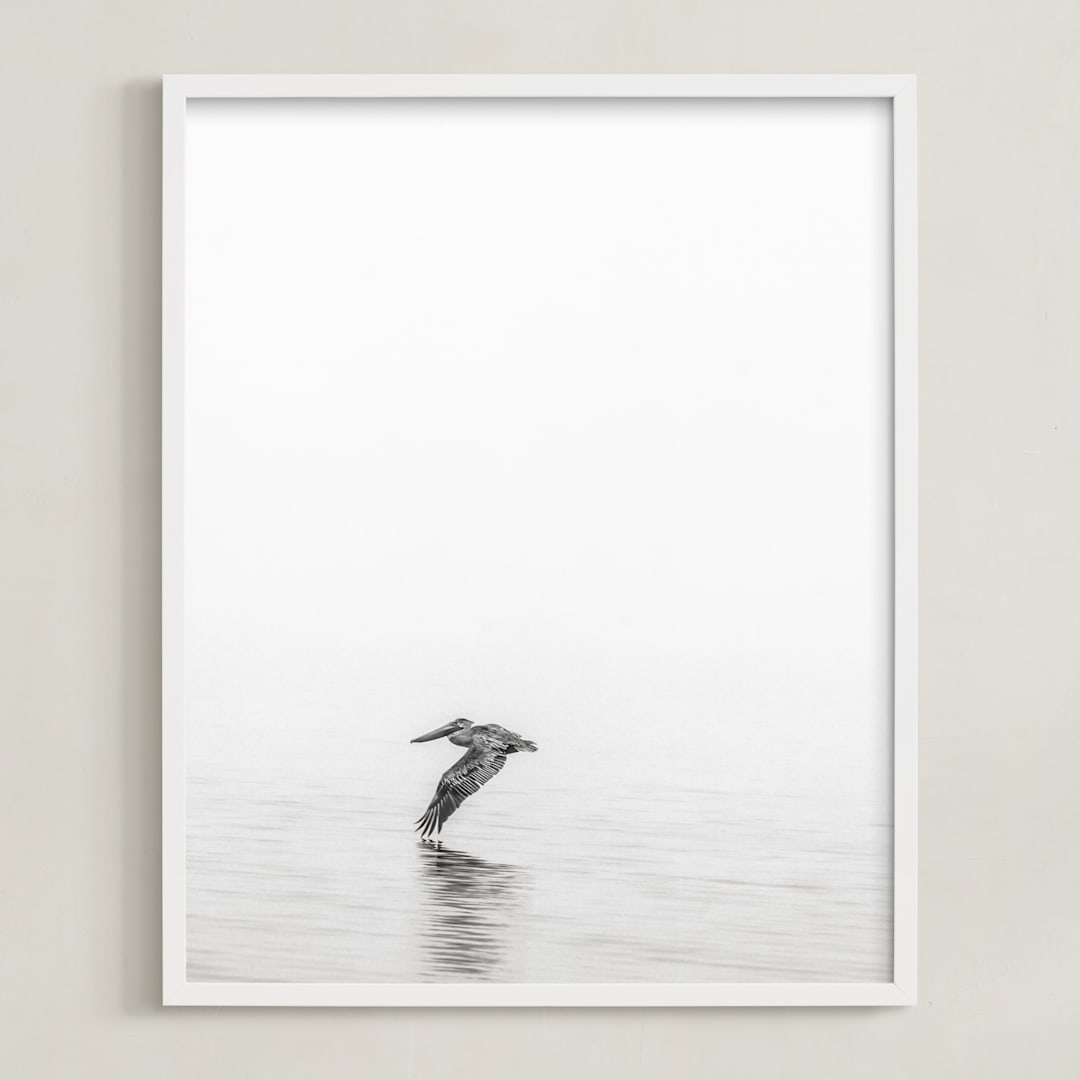 "Pelican on Lake" - Art Print in Medium Grey by Mary Ann Glynn-Tusa - Framed