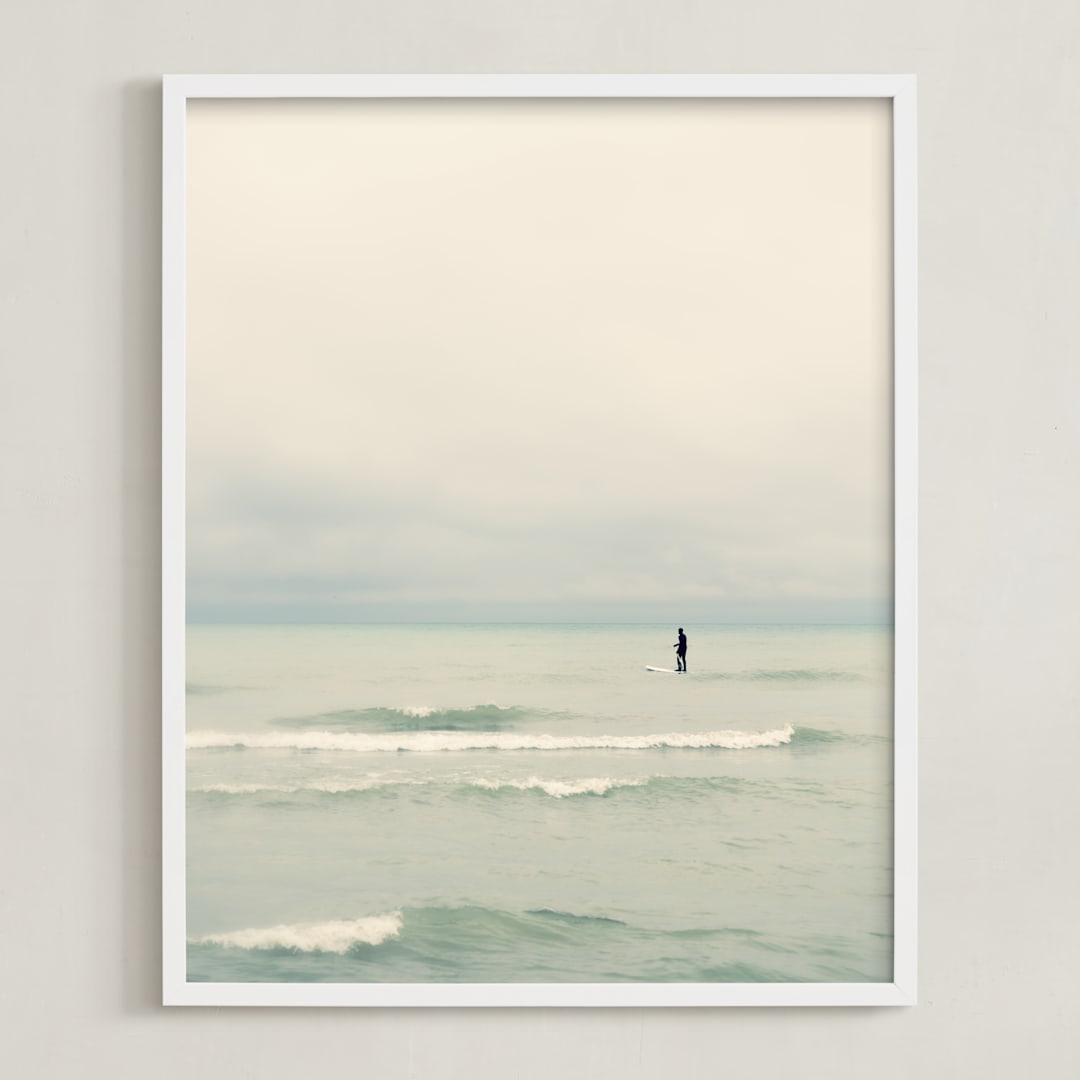 "Paddleboard Solitude" - Art Print in Warm mist by Jacquelyn Sloane Siklos - Framed