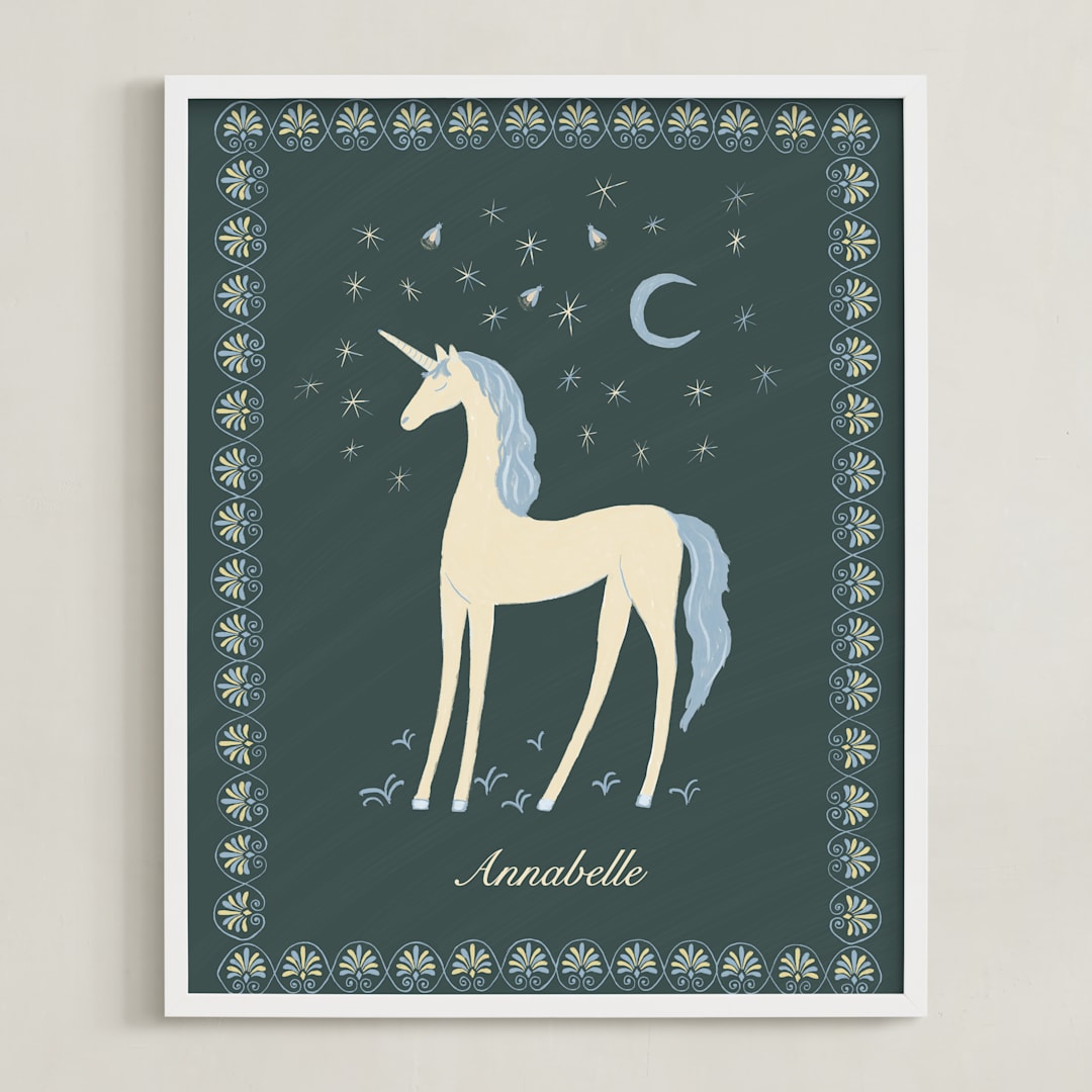 "Midnight Unicorn Firefly Dream" - Personalized Art Print in Forest Green by Florina Georgescu Georgescu - Framed