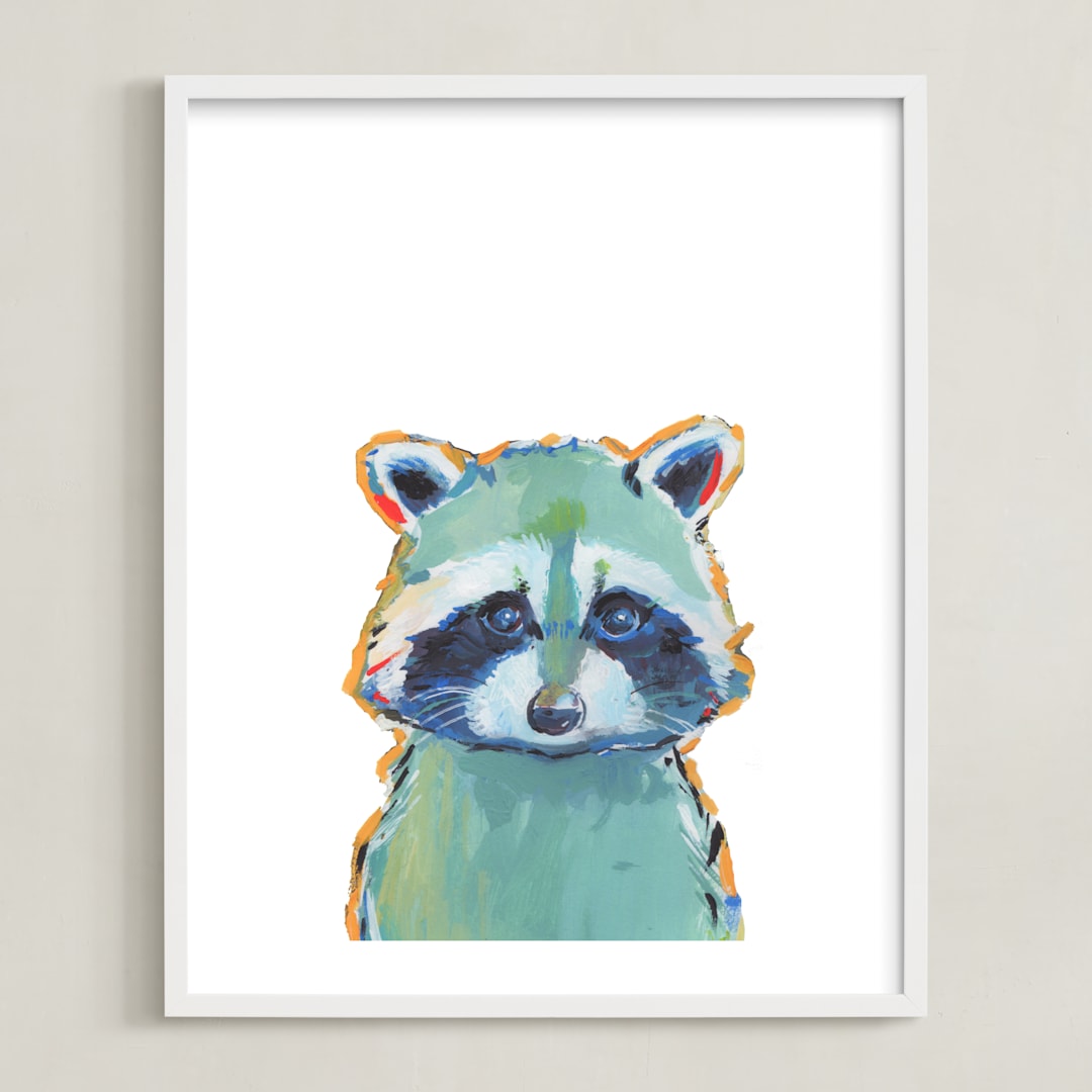 "Mr. Raccoon" - Art Print in Teal by Makewells - Framed