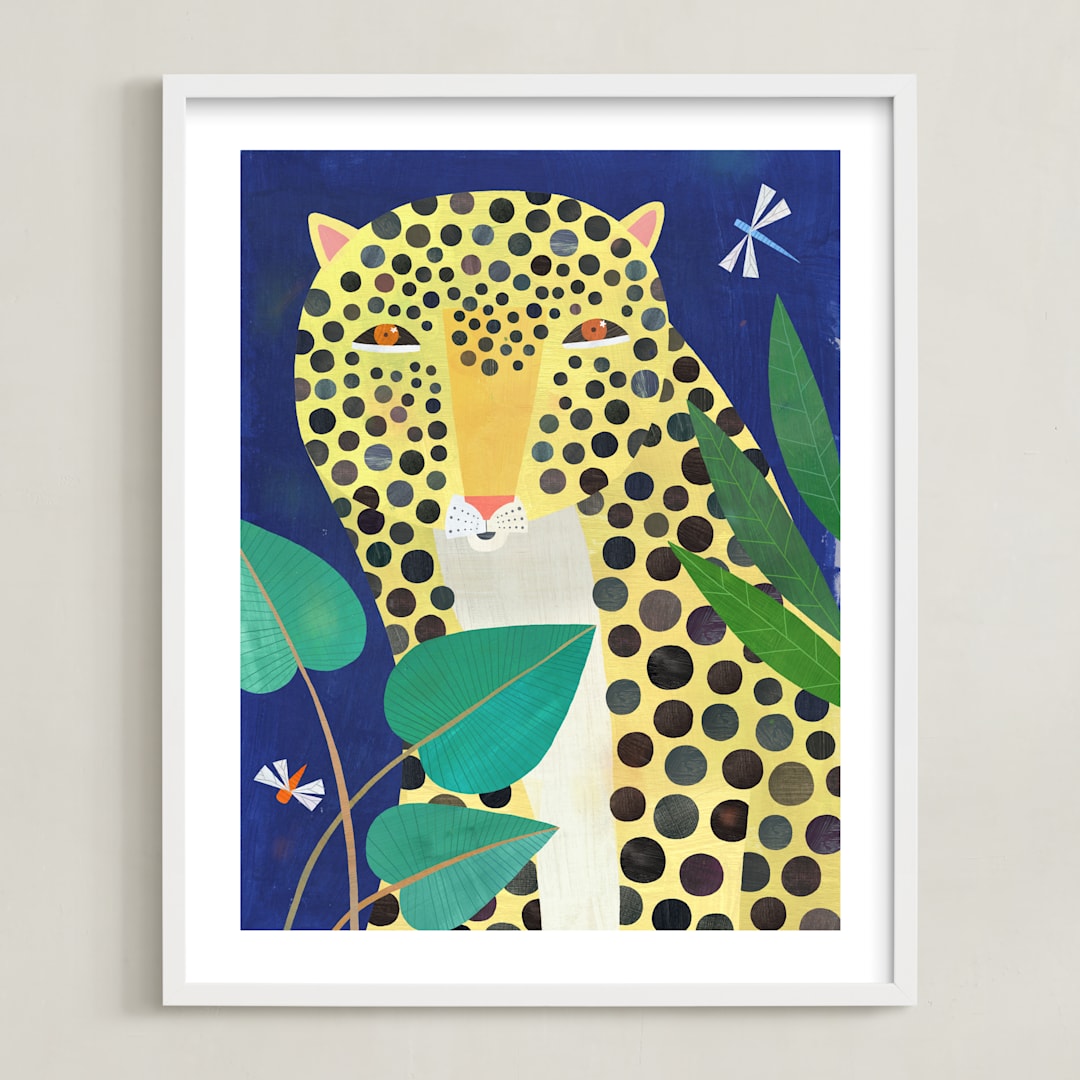 "Jungle Leopard" - Art Print in Dark Blue by melanie mikecz - Framed
