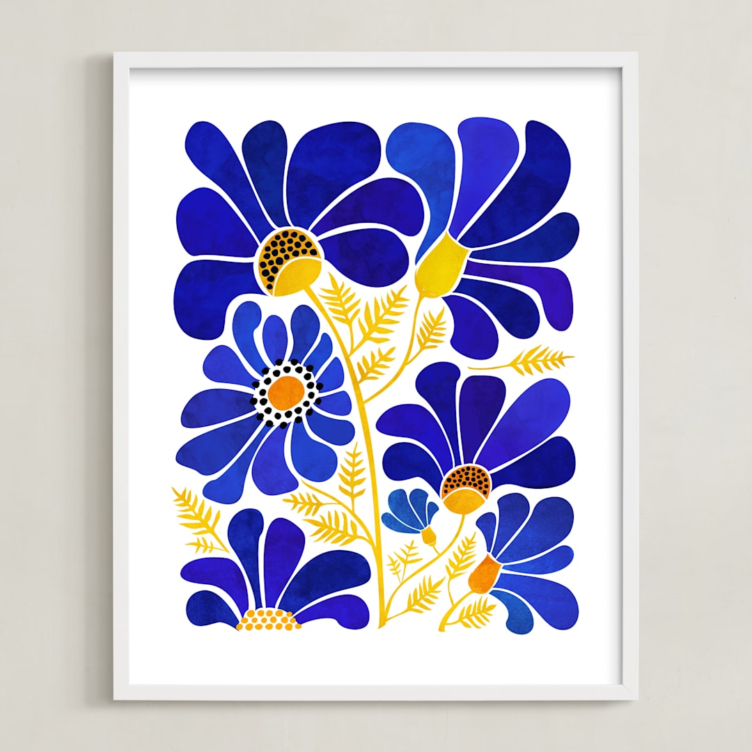 "The Happiest Flowers" - Art Print in Cobalt Blue by Kristian Gallagher - Framed